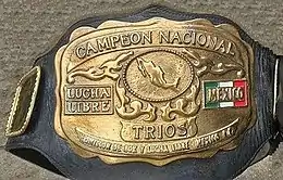 The front plate of the championship in gold with lettering raised to read "Campeon National" and "Trios" underneath