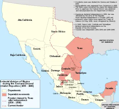 A map of Mexico, 1835–46, showing administrative divisions