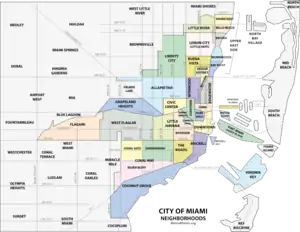 Map of Miami neighborhoods. Watson Island is the smallest light-blue area, just above the western end of the elongated green Port of Miami area.