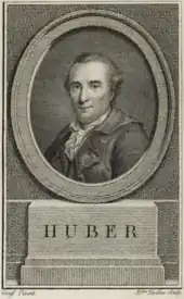 Engraving showing an oval image of Michael Huber, on a plinth with the text "HUBER"