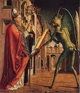 In the 15th century Saint Wolfgang and the Devil by Michael Pacher, the Devil is green. Poets such as Chaucer also drew connections between the color green and the devil.