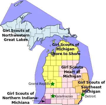 Map of Girl Scout Councils in Michigan