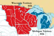 Michigan shrank in 1836 with the creation of the Wisconsin Territory. Wisconsin Territory was established in 1836 with the present boundary in the Upper Peninsula.