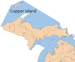 Copper Island is on Lake Superior, separated from the rest of the Keweenaw Peninsula by Portage Lake and the Keweenaw Waterway