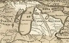 Image 38Michigan in 1718, Guillaume de L'Isle map, approximate state area highlighted (from History of Michigan)