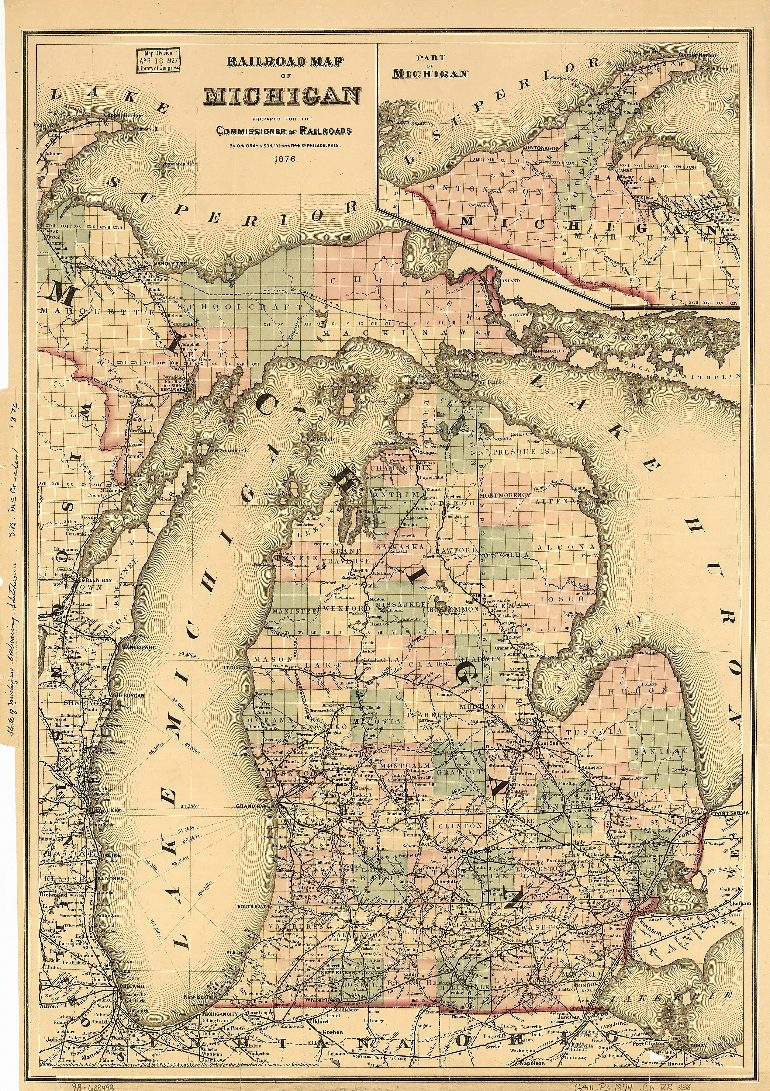 In 1873, railroads connect Northern Michigan port cities of Ludington, Traverse City and Petoskey. By 1880 the Great Lakes region would dominate logging, with Michigan producing more lumber than any other state."Lumber Industry." Encyclopedia of American History. Answers Corporation, 2006.