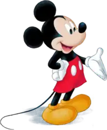 A smiling cartoon mouse with round ears, red shorts with white buttons, white gloves, and yellow shoes.