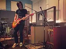 Mike Kennerty recording with The All-American Rejects in 2016.