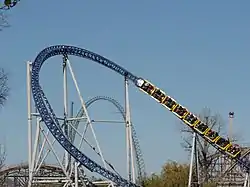 Roller coaster train on steel track