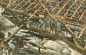 Mills District lithograph showing the bridge