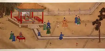 Ming Emperor and his servants wearing yesa, a derivative of the Mongol terlig, c. 15th century AD.