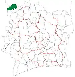 Location in Ivory Coast. Minignan Department has had these boundaries since 2011.