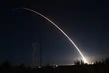 Image 32A Minuteman III ICBM test launch from Vandenberg Air Force Base, United States. MIRVed land-based ICBMs are considered destabilizing because they tend to put a premium on striking first. (from Nuclear weapon)