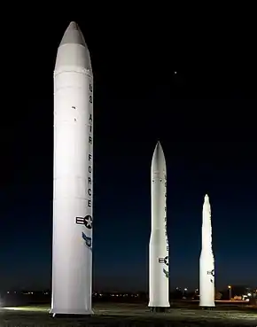 A static display of intercontinental ballistic missiles at F.E. Warren AFB during 2012. From left are the Peacekeeper, the Minuteman III and the Minuteman I.