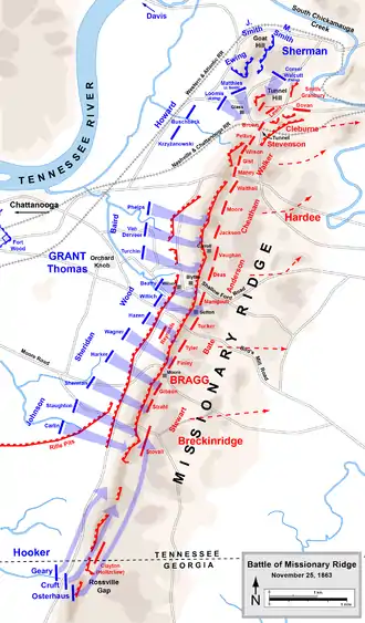 Map of the Battle of Missionary Ridge with Union units in blue and Confederate units in red.