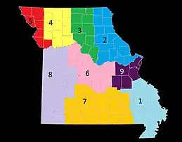 Map of Missouri, showing geographical divisions. Division 1 is in the southeast, Division 2 in the northeast, Division 3 in the east north central, Division 4 in the west north central, Division 5 in the northwest, Division 6 in the central region, Division 7 in the South Central, Division 8 in the west central and southwest, and Division 9 in the east central