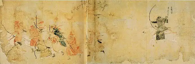 Samurai Mitsui Sukenaga (right) defeating the Mongolian invasion army (left)