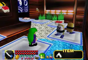 A large room with dark metallic walls and lights, a floor flooded with bright blue water, floating Japanese sushi plate platforms, a section of the room composed of sushi rice, two enemy characters resembling sushi, the character Yae in purple with green hair, a status bar denoting that the player has 7925 ryo, a sword equipped, almost full health, six lives, and a rice ball for emergency health