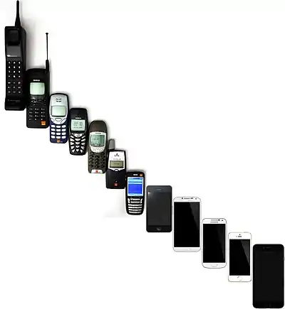 Image 17Two decades of evolution of mobile phones, from a 1992 Motorola 8900X-2 to the 2014 iPhone 6 Plus (from Mobile phone)