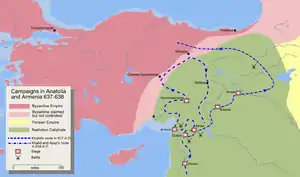 Map detailing the route of Khalid ibn Walid's invasion of Syria.