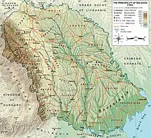 A map depicting Moldavia bordered by the river Dniester, the Black Sea and the Carpathian Mountains