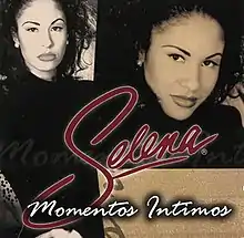 Album cover art of Momentos Intimos. The cover features a picture of Selena situated to the left staring blankly ahead and another photo of her with her head tilted slightly with an expressionless glare