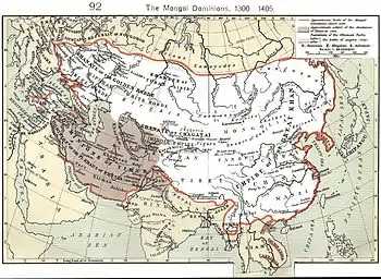 The Mongol Empire, ca. 1300. The gray area is the later Timurid empire.