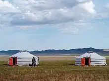 Two yurts, with people outside for scale