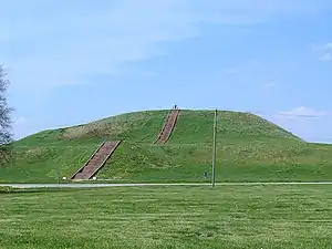 Monks Mound of Cahokia (UNESCO World Heritage Site) in summer. The concrete staircase follows the approximate course of the ancient wooden stairs.