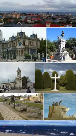 Top:Panoramic view of downtown Punta Arenas, from La Cruz Hills, Second:Sara Braun Palace (Palacio Sara Braun), Ferdinand Magallen Monument in Muñoz Gamero Square (Plaza Muñoz Gamero) Third:Punta Arenas Sacred Heart Cathedral, Cemetery of Punta Arenas, Fourth:Shepherd Monument, Goleta Ancud Monument, Bottom:An overview of Strait of Magellan, from Costanera area (all item from left to right)