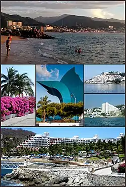 Top: Santiago Bay in Manzanillo, Middle: Mandevillas and Palm Trees,Sculpture "Pez Vela", La Punta, Tesoro Manzanillo Hotel, Bottom: Barceló Karmina