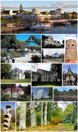 From top to bottom, left to right:' Valdivia waterfront, Town Square, Hotel Naguilán (top), Sciences Building of Austral University (bottom), Los Canelos tower, Rodolfo Amando Philippi Museum, Historical and Anthropologic Museum Maurice van de Maele, St. Francisco Church, Prochelle House, Dreams Hotel & Casino, Los Lotos Lagoon on Teja Island, Mapuche's Rewe, Botanical Garden of Valdivia.