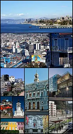 From top to bottom, left to right: Valparaíso Bay towards Viña del Mar; port and plan from the Artillería hill; Lecheros elevator, Armada de Chile Building; DUOC UC local headquarters; La Sebastiana by Pablo Neruda, Monument to the Heroes of Iquique in Plaza Sotomayor; colorful facades; El Mercurio building in Valparaíso; Portales Station of the Valparaíso Metro.