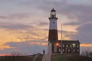 Sunrise over the Montauk Point Light in Montauk Point State Park.