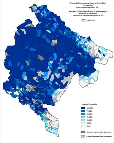 Percent of Orthodox faith in Montenegro by settlements, 2011