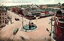 A view of three Lightning Route streetcars on a postcard from 1900–1920