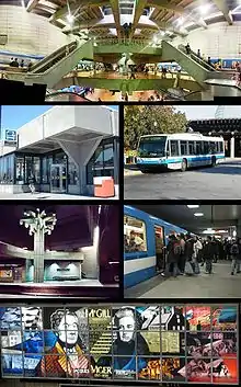 Top: Lionel-Groulx Metro station and STM logo.  Prior to 2002, it was referred to as STCUM.
Second row: Honoré-Beaugrand Metro station, a 1996 NovaBus LFS "167 Le Casino" leaving the Montreal Biosphère and heading to the Casino de Montréal.
Third row: Georges-Vanier Metro station, Berri-UQAM Metro station.
Bottom: Montreal's first two mayors, Jacques Viger and Peter McGill, in stained glass in the McGill Station of the Montreal Metro.