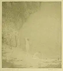 Tonalist lithograph by Bolton Brown depicting female nudes bathing by moonlight