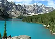 The blue-green colour of the lake is due to glacial rock flour.