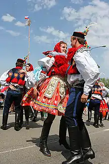 The folk costume of kroj seen in Vlčnov in Moravian Slovakia