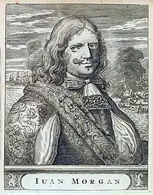 Image 49Henry Morgan who sacked and burned the city of Panama in 1671 – the second most important city in the Spanish New World at the time; engraving from 1681 Spanish edition of Alexandre Exquemelin's The Buccaneers of America (from Piracy)