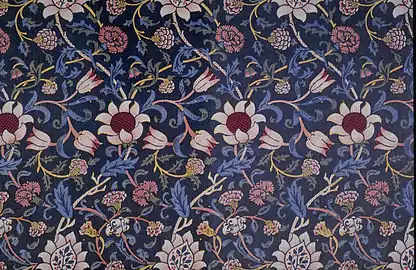 Evenlode indigo discharge and block-printed textile, Morris, 1883