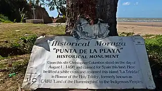 Moruga - Columbus historical monument. Columbus landed here on his third voyage in 1498. This is on the southern coast of the island of Trinidad, West Indies. the sea in the background is named the Columbus channel. it separates the island of Trinidad from Venezuela