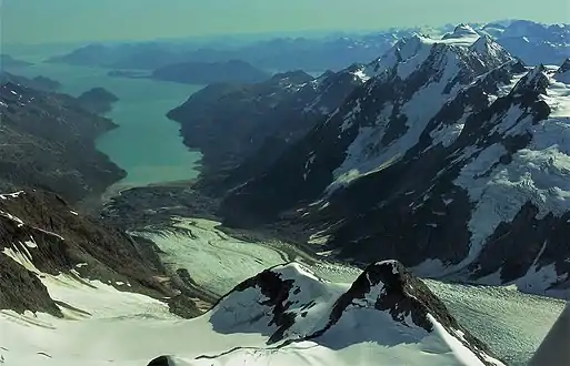 Aerial view of Mount Abdallah (right), Rendu Inlet, and Rendu Glacier