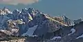 Mount Crowder (centered, shaded, with glacier), Crescent Creek Spires (behind Crowder), Mount Terror (upper left). View from Copper Ridge.