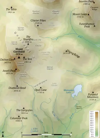 A map with contour lines depicting mountainous terrain with river valleys.