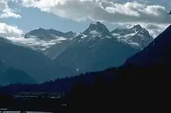 The Mount Meager massif in 1987. Summits left to right are Capricorn Mountain, Mount Meager and Plinth Peak.