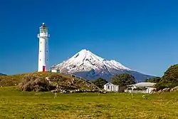 Cape Egmont Lighthouse with Mount Taranaki in the background