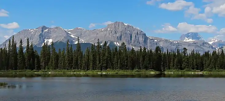 Mt. Turner centered, with Mt. Assiniboine to right, and Mt. Morrison left