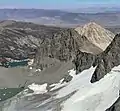 Mt. Gayley (centered} above Palisade Glacier as seen from North Palisade."Buck Mountain" (aka Contact Peak) beyond Gayley.